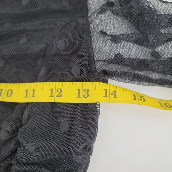 Evereve Black Ruched Mesh Dot Top | Sheer Sleeve Mock Neck | Size Small - Picture 9 of 12